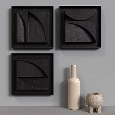 Black Geometric Framed Wall Art Pieces On Grey Wall With Decorative Vases 3d model