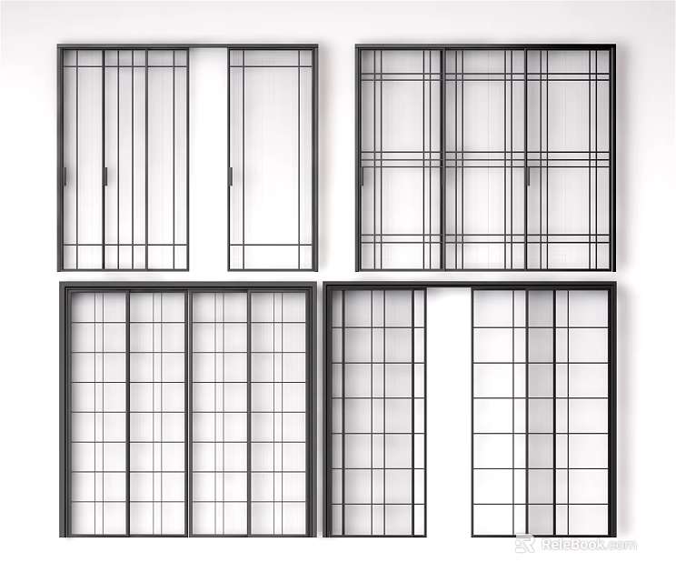 Sliding Door Collection Featuring Various Grid Patterns And Frame Designs 3d model