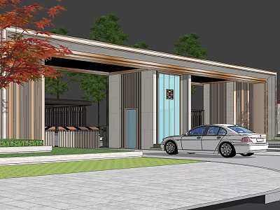 Modern Entrance Gate Design With Wooden Structure Glass Door Car Green Trees And Lawn 3d model