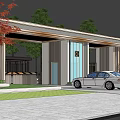 Modern Entrance Gate Design With Wooden Structure Glass Door Car Green Trees And Lawn