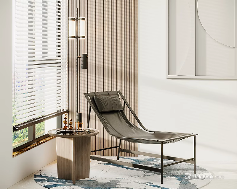 Modern Black Leather Lounge Chair Near Window With Floor Lamp Small Table And Area Rug 3d model 