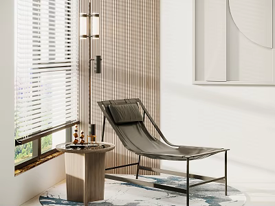 Modern Black Leather Lounge Chair Near Window With Floor Lamp Small Table And Area Rug 3d model