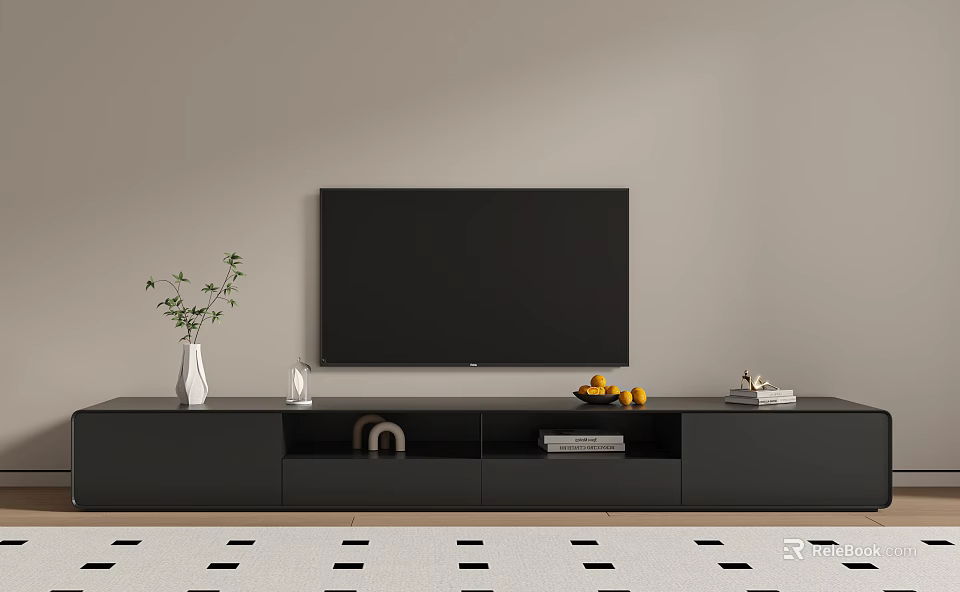 Black TV Stand with Flat Screen TV Decorative Vase Books and Lemon Bowl 3d model 