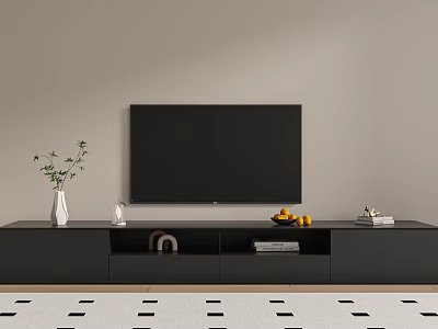 Black TV Stand with Flat Screen TV Decorative Vase Books and Lemon Bowl 3d model