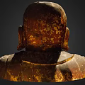Ancient Ornate Sculpture Carving With Head Ornamental Carvings Large Ears And Aged Golden Patina