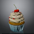 Creamy Frosting Cupcake Topped with Fresh Cherry Red Sprinkles and Blue Polka Dot Paper Case