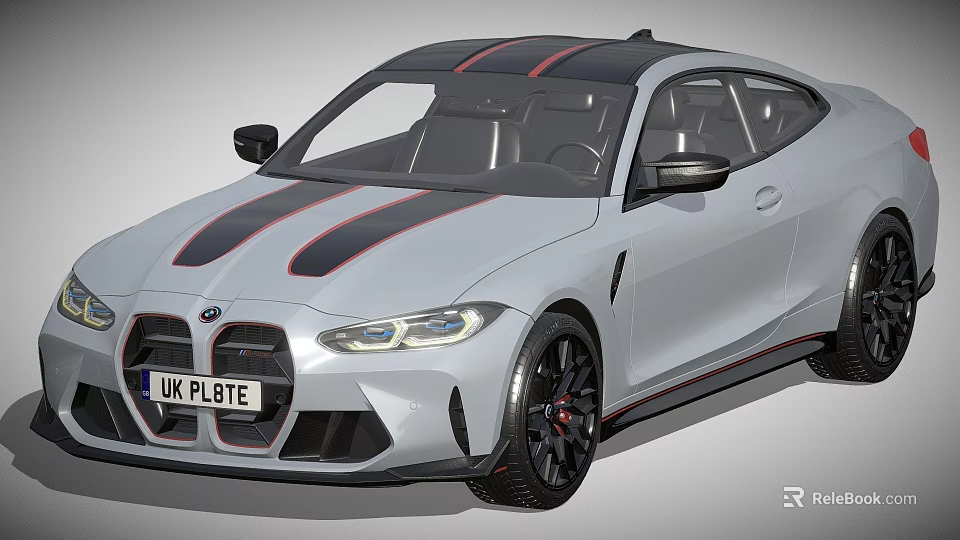 White BMW Sports Car With Black Red Stripes And Black Wheels Red Calipers 3d model 