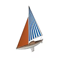 Model Sailboat with Blue White Striped and Brown Sails and White Wooden Hull