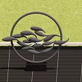 Garden Landscape Featuring Circular Metal Sculpture Wavy Design Green Shrubs Purple Plants And Paved Ground