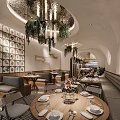 Charming Restaurant Interior With Hanging Plants Arched Ceiling Wooden Tables Bar Counter And Mosaic Floor