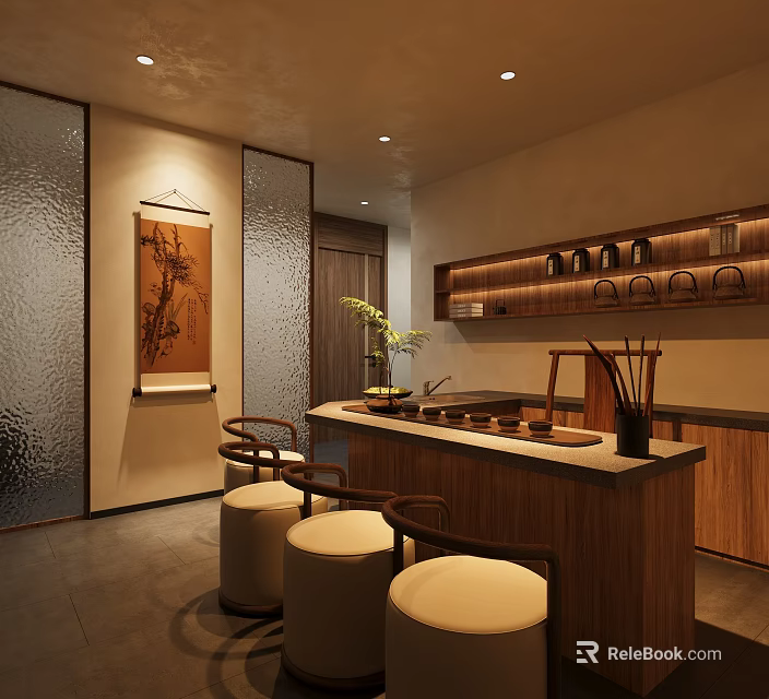 Traditional Tea Room Interior With Wooden Counter Round Stools Potted Plant And Scroll Painting 3d model 