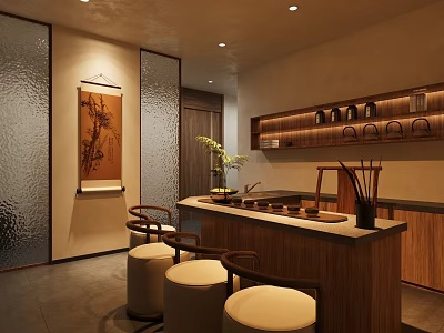 Traditional Tea Room Interior With Wooden Counter Round Stools Potted Plant And Scroll Painting 3d model