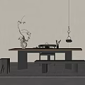 Modern Minimalist Tea Table and Chairs with Vase Branches Tea Set and Hanging Lights