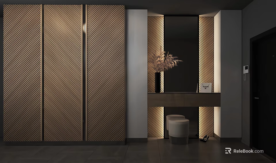 Modern Wardrobe Interior Design with Vertical Striped Panels and Ambient Lighting Details 3d model 