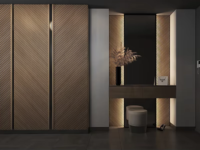 Modern Wardrobe Interior Design with Vertical Striped Panels and Ambient Lighting Details 3d model