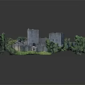 Ancient Castle Model Featuring Tower Structure Stone Walls And Green Trees 3d model