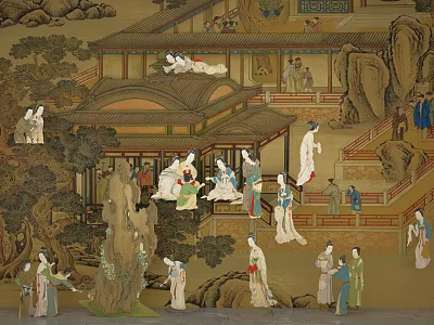 Traditional Chinese Figure Painting With Ancient Figures Classical Architecture And Landscape 3d model