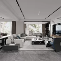 Modern Living Dining Room Interior Design With Sofa Coffee Table Blue Chair Rug And Plants