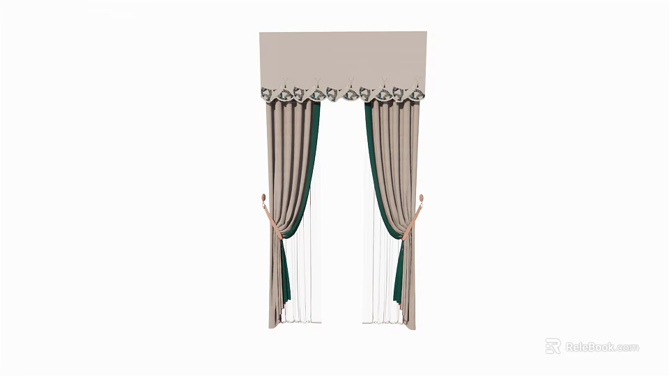Elegant Beige And Green Curtains With Decorative Top And Pleated Panels 3d model 