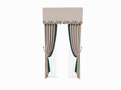 Elegant Beige And Green Curtains With Decorative Top And Pleated Panels 3d model