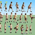 Group of Kids in Striped Shirts and Shorts Playing Badminton Flying Kites and Riding Scooters