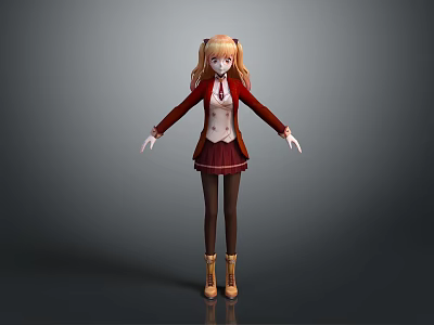Anime Character With Blonde Pigtails Red Coat Short Skirt And Boots Standing Pose 3d model