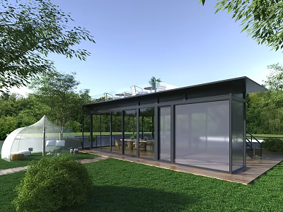 Modern Building With Glass Walls Green Lawn Trees Terrace And White Dome Structure 3d model