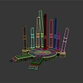 Circular Platform Structure With Vertical Pillars Colorful Bands Stone Steps And Central Symbol