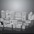 White Furniture Models Featuring Columns Domes and Diverse Roof Designs on Black Background