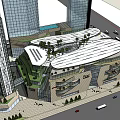 Modern Commercial Complex With Glass Curtain Walls Greenery And High Rise Buildings