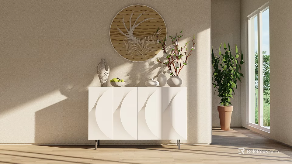 Modern White Entryway Cabinet Sideboard With Decorative Vases Circular Wall Art And Potted Plant 3d model 
