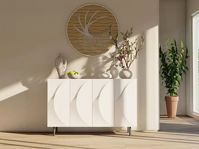 Modern White Entryway Cabinet Sideboard With Decorative Vases Circular Wall Art And Potted Plant 3d model