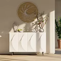 Modern White Entryway Cabinet Sideboard With Decorative Vases Circular Wall Art And Potted Plant