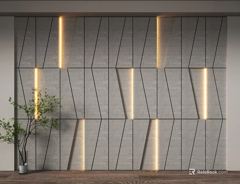 Modern Geometric Gray Background Wall With Embedded LED Lighting And Green Plant Interior Decor 3d model 