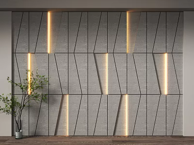 Modern Geometric Gray Background Wall With Embedded LED Lighting And Green Plant Interior Decor 3d model