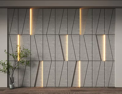 Modern Geometric Gray Background Wall With Embedded LED Lighting And Green Plant Interior Decor 3d model