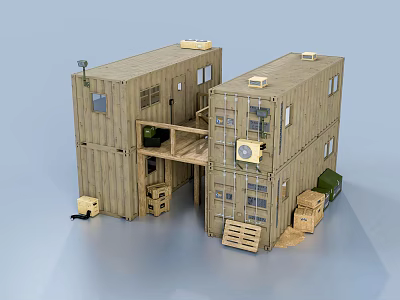 Modern Stacked Container Building Design With Windows Doors Staircase And Crates 3d model