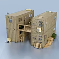 Modern Stacked Container Building Design With Windows Doors Staircase And Crates 3d model