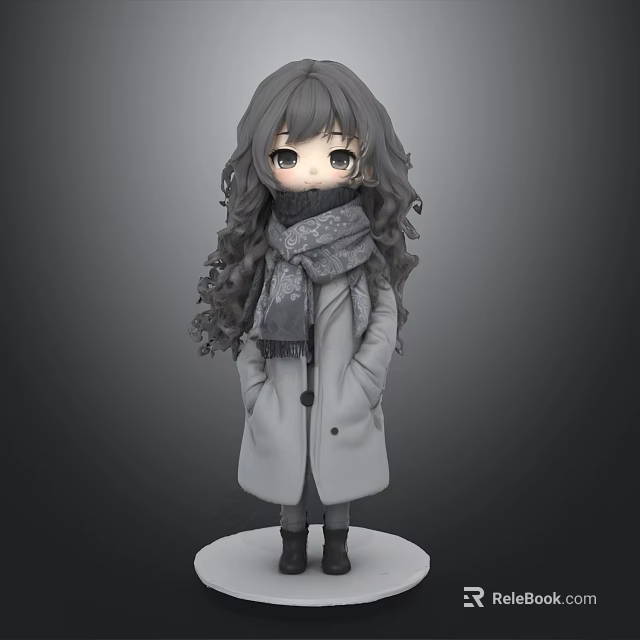 Cartoon Woman With Long Curly Gray Hair Wearing Scarf And Long Coat Hands In Pockets 3d model 