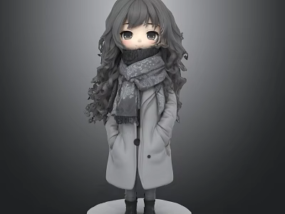 Cartoon Woman With Long Curly Gray Hair Wearing Scarf And Long Coat Hands In Pockets 3d model