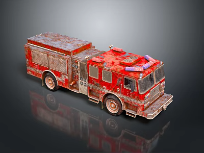 Rusty Red Fire Truck Model With Detailed Weathered Exterior And Roof Equipment On Black Background 3d model