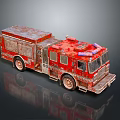 Rusty Red Fire Truck Model With Detailed Weathered Exterior And Roof Equipment On Black Background