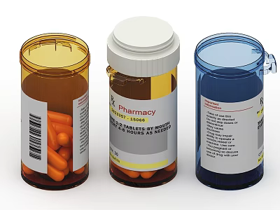 Medical Pharmacy Bottles Three Colored Containers With Tablets And Dosage Labels 3d model