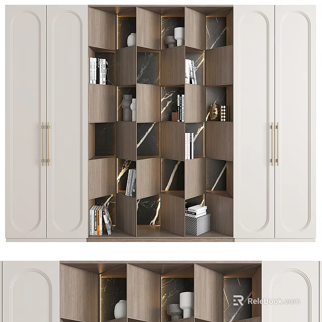 Modern Bookcase Interior Design With Wooden Compartments White Panels And Golden Handles 3d model 