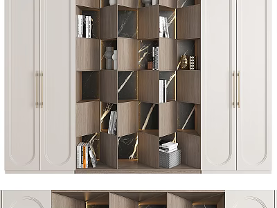 Modern Bookcase Interior Design With Wooden Compartments White Panels And Golden Handles 3d model