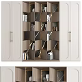 Modern Bookcase Interior Design With Wooden Compartments White Panels And Golden Handles