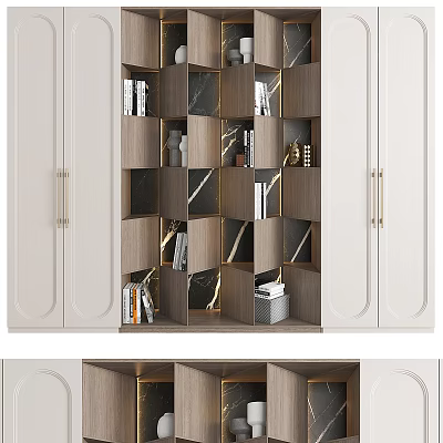 Modern Bookcase Interior Design With Wooden Compartments White Panels And Golden Handles 3d model
