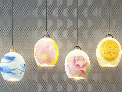 Ceramic Pendant Lights With Floral Landscape Patterns Hanging On Gray Geometric Textured Wall Warm Glow 3d model