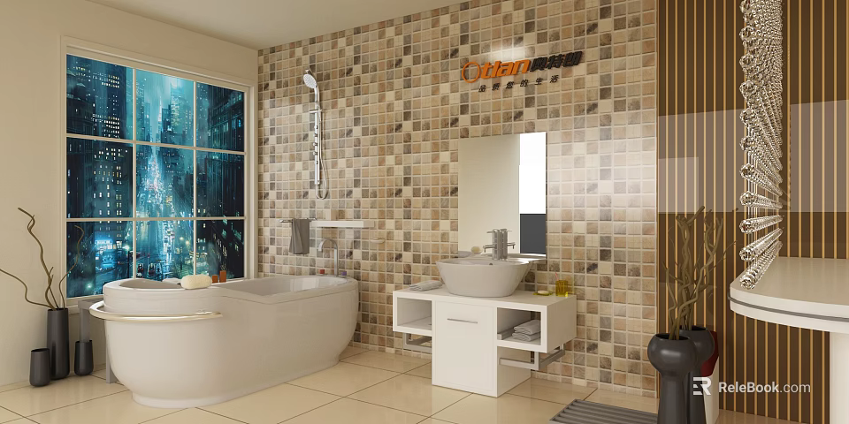Modern Bathroom Set With White Bathtub Mosaic Tile Wall Sink Vanity And Mirror 3d model 