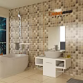 Modern Bathroom Set With White Bathtub Mosaic Tile Wall Sink Vanity And Mirror